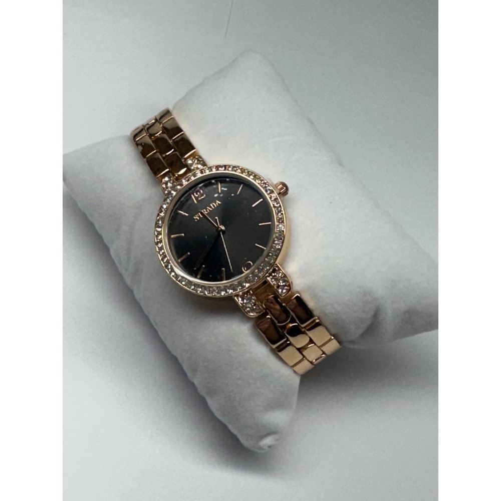 Strada Women Rose Gold Tone Crystal Bezel Black Dial Link Bracelet Watch
